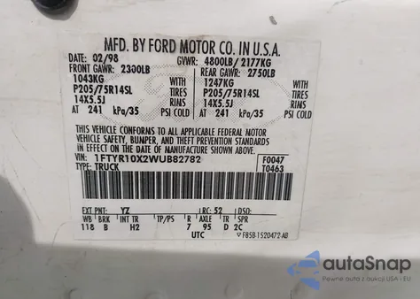 1998 Ford Ranger Splash/Xl/Xlt из США, поврежденный, VIN 1FTYR10X2WUB82782